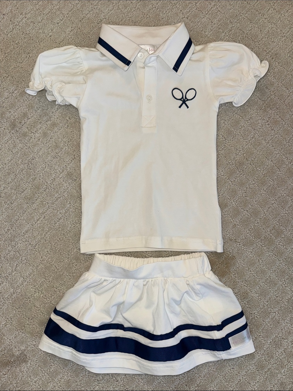 NWOT Cecil and Lou Girls White Tennis Polo Top & Navy-Trim Tennis Skirt Set